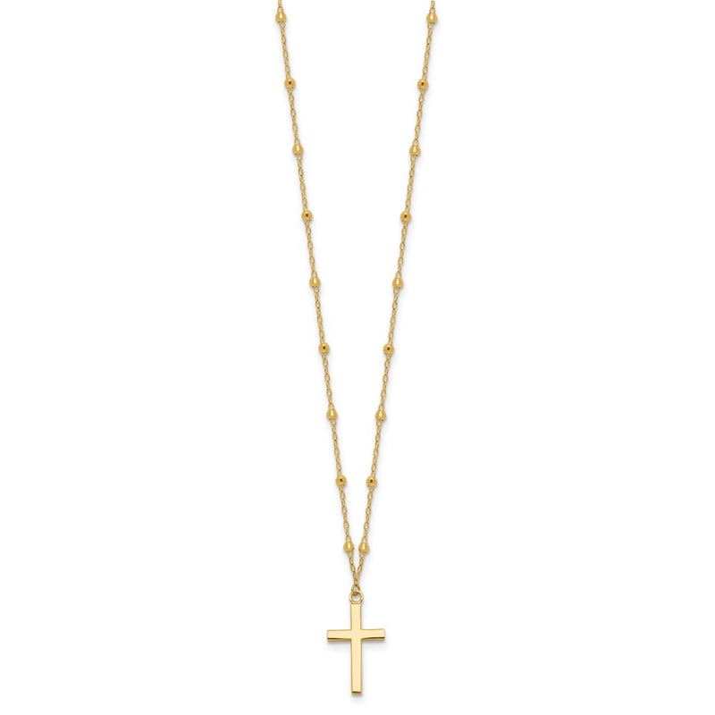 14K Yellow Gold Mirror Beaded Chain with Polished Cross Pendant 16.25 Inch Necklace Plus 2 Inch Extender