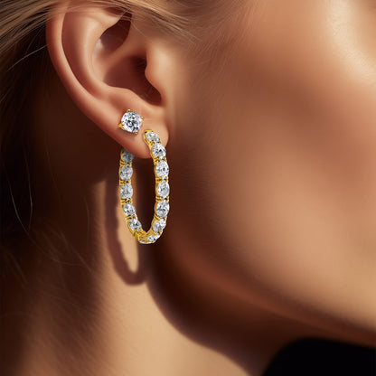 14K Yellow Gold 8 5/8 carat Lab Grown Diamond VS+ F+ Oval and Round Complete In and Out Hoop Earrings