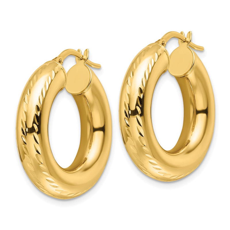 14K Yellow Gold 6x27mm Polished Diamond-cut Round Tube Hoop Earrings