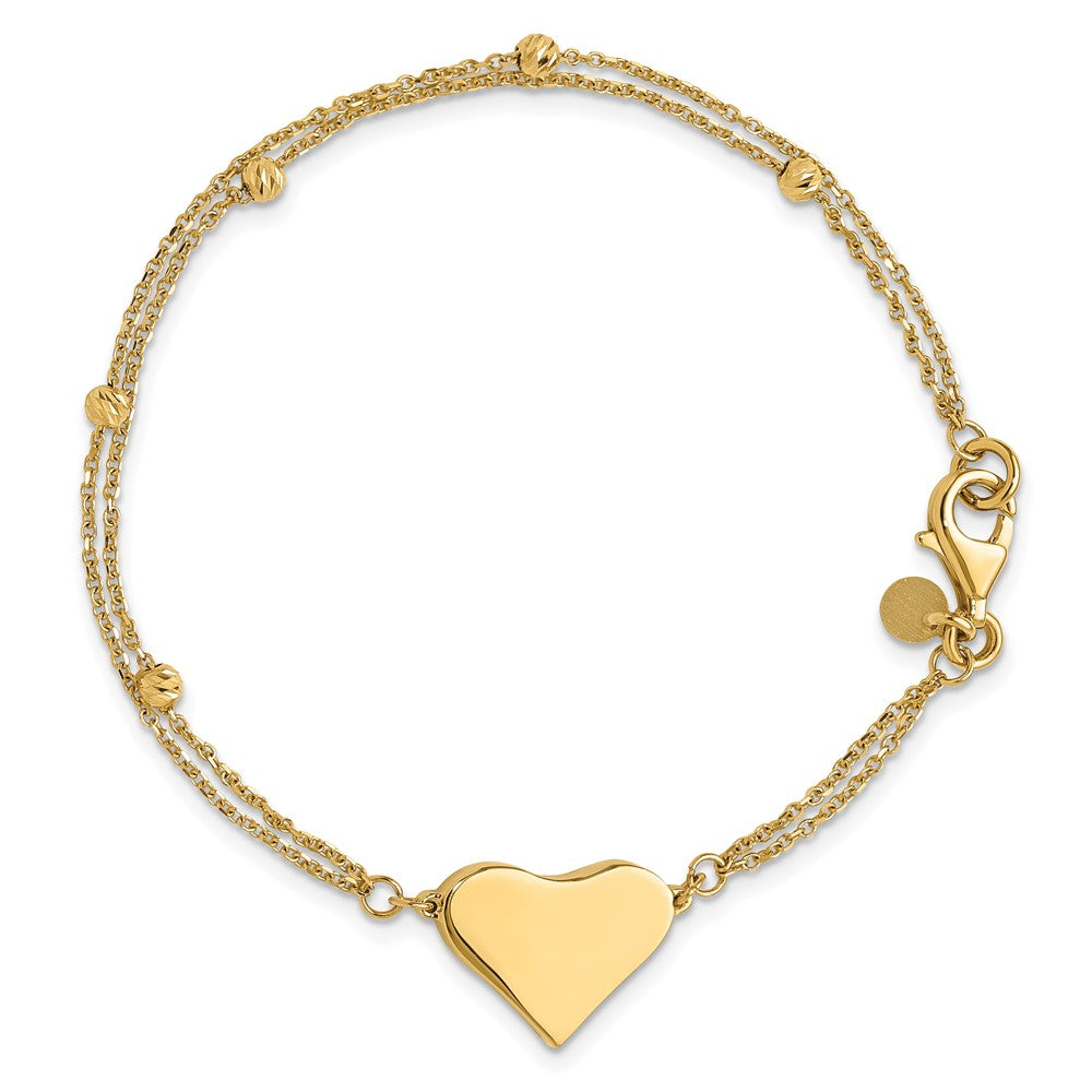 14K Yellow Gold Polished 11x18mm Heart and Diamond-cut Beaded 2-Strand Chain Bracelet