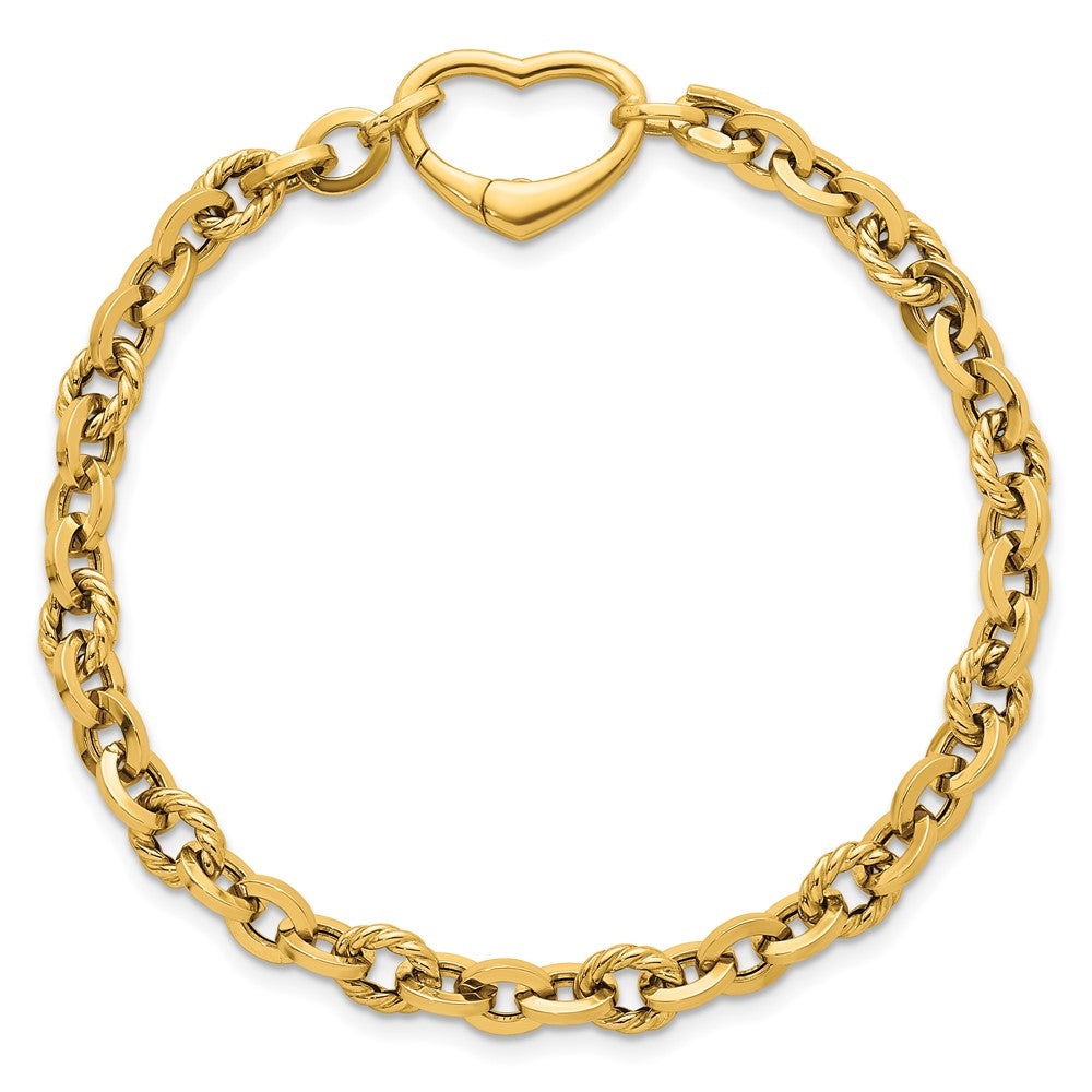 14K Yellow Gold Polished and Twisted Cable Link with Heart Clasp 7.5 Inch Bracelet