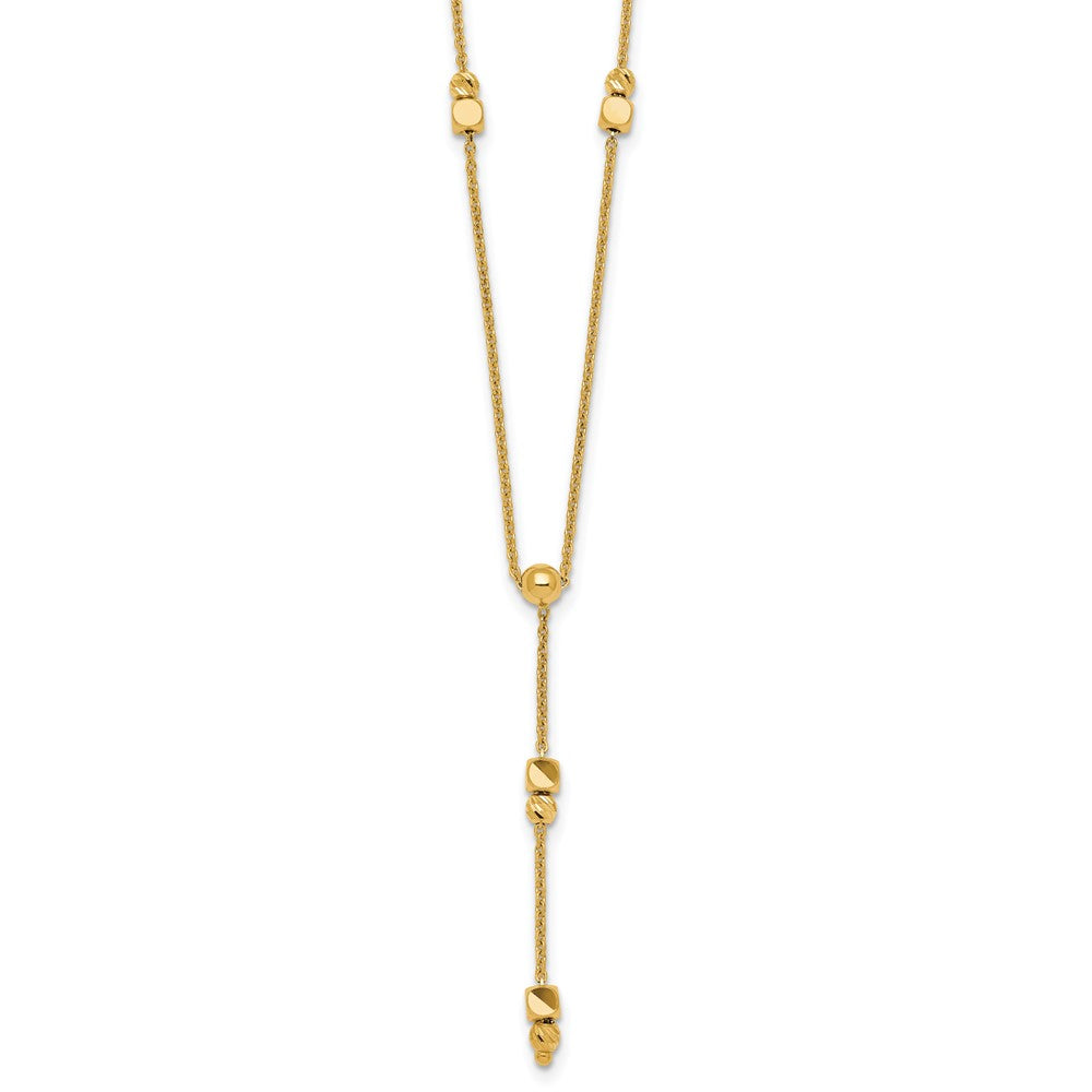 14K Yellow Gold Polished Diamond-cut and Beaded 16 Inch Lariat Necklace Plus 2 Inch Extender