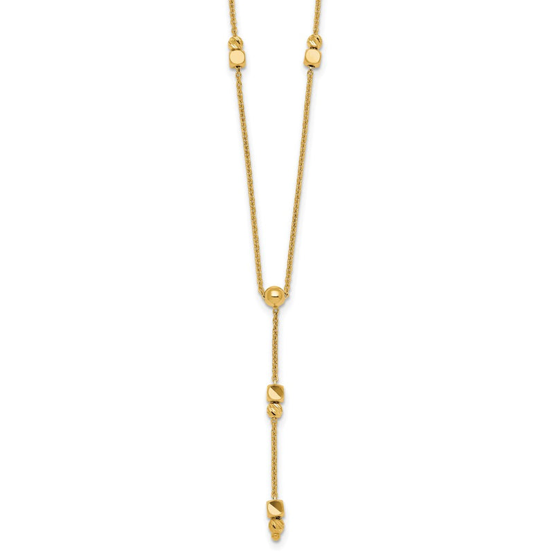 14K Yellow Gold Polished Diamond-cut and Beaded 16 Inch Lariat Necklace Plus 2 Inch Extender