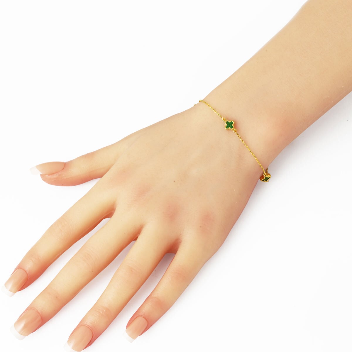 14K Yellow Gold Clover Green Glass Bracelet (1.48 g)