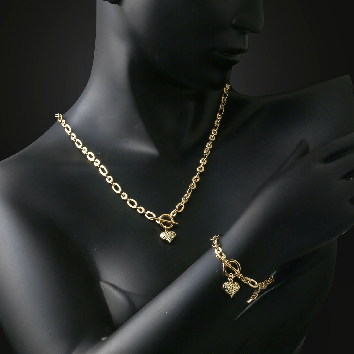 14K Yellow Gold Heart Chakra Hoop Lock Necklace and Bracelet Set