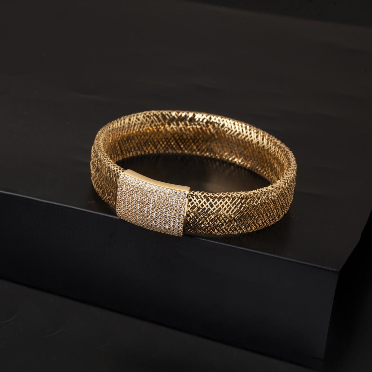 14K Yellow Gold Italian Mesh Cubic Zirconia Bracelet