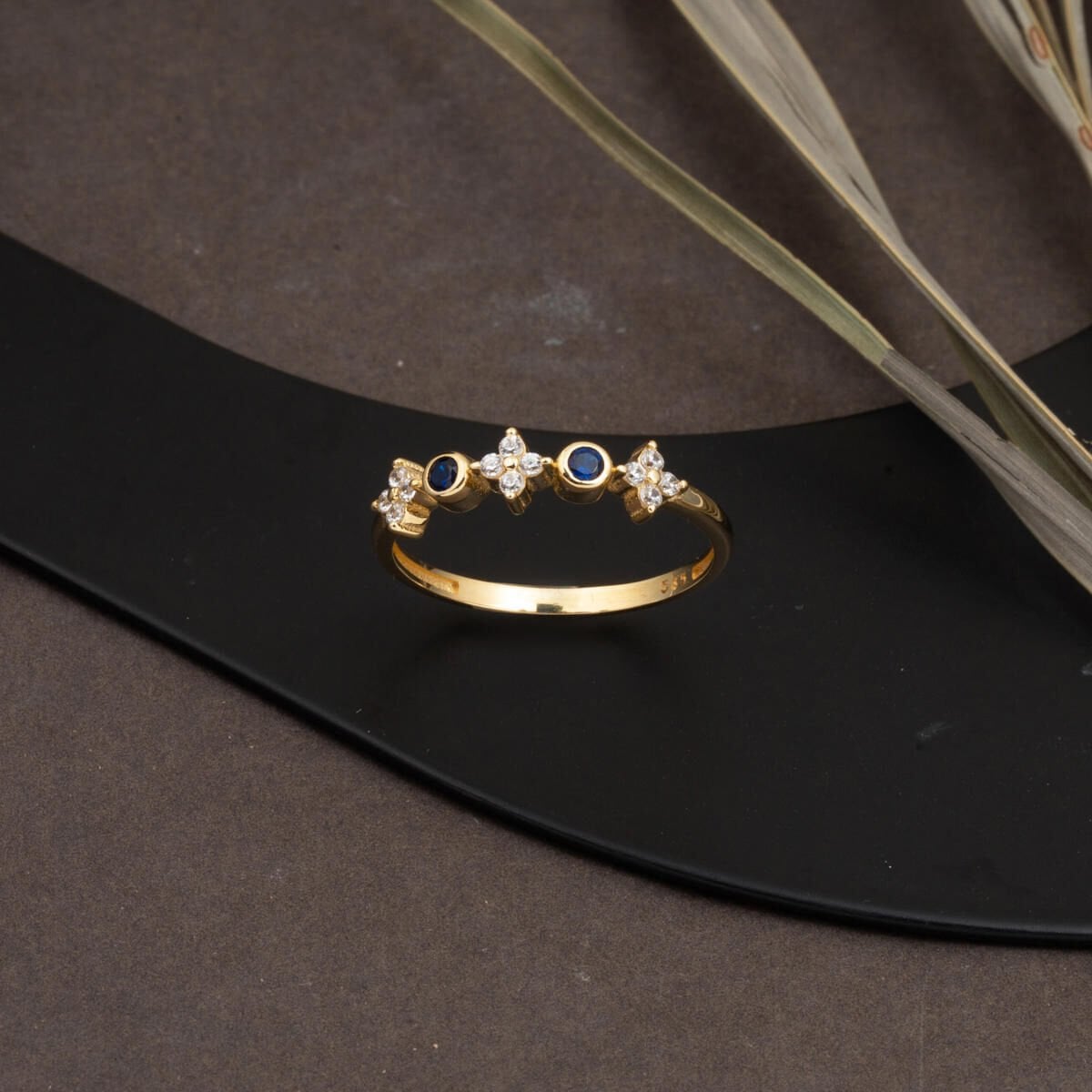 14K Yellow Gold Lotus Navy Blue Cubic Zirconia Ring