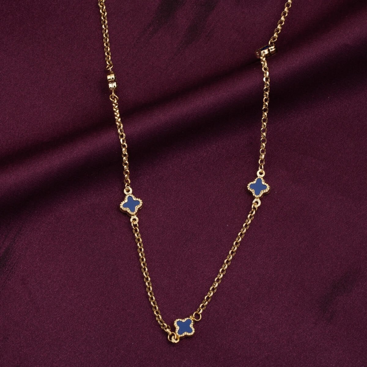 14K Yellow Gold Navy Blue Clover Chain Cubic Zirconia Necklace