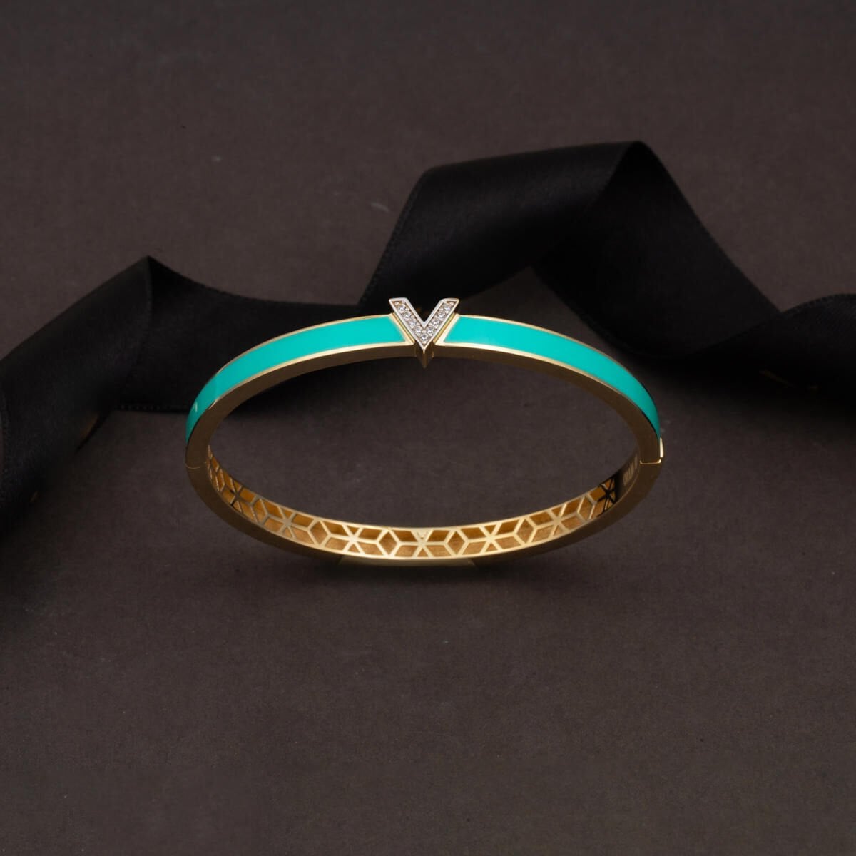 14K Yellow Gold Designer Inspired Turquoise Colored Hinged Cuff