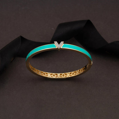 14K Yellow Gold Designer Inspired Turquoise Colored Hinged Cuff