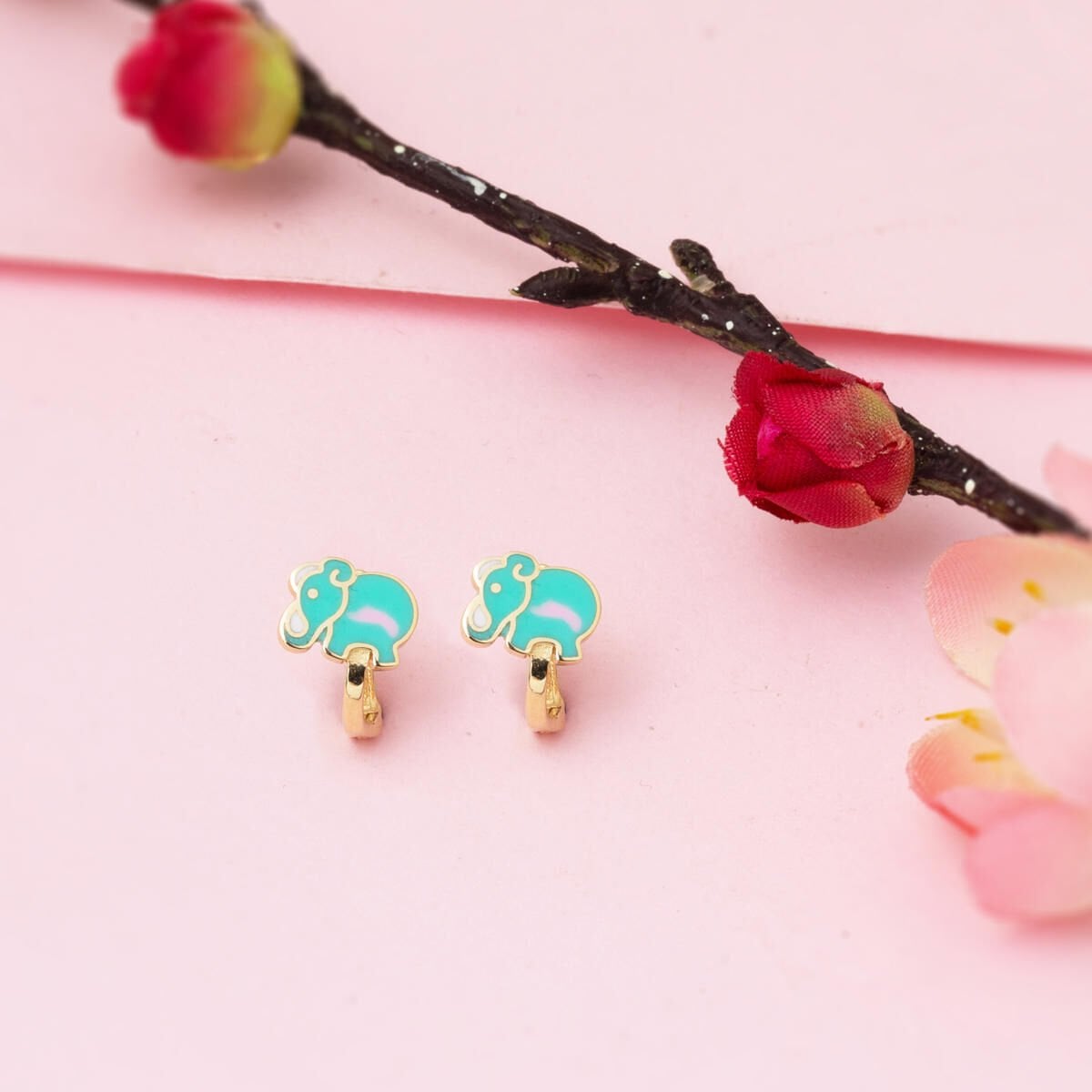 14K Yellow Gold Elephant Enamel Children's Earrings