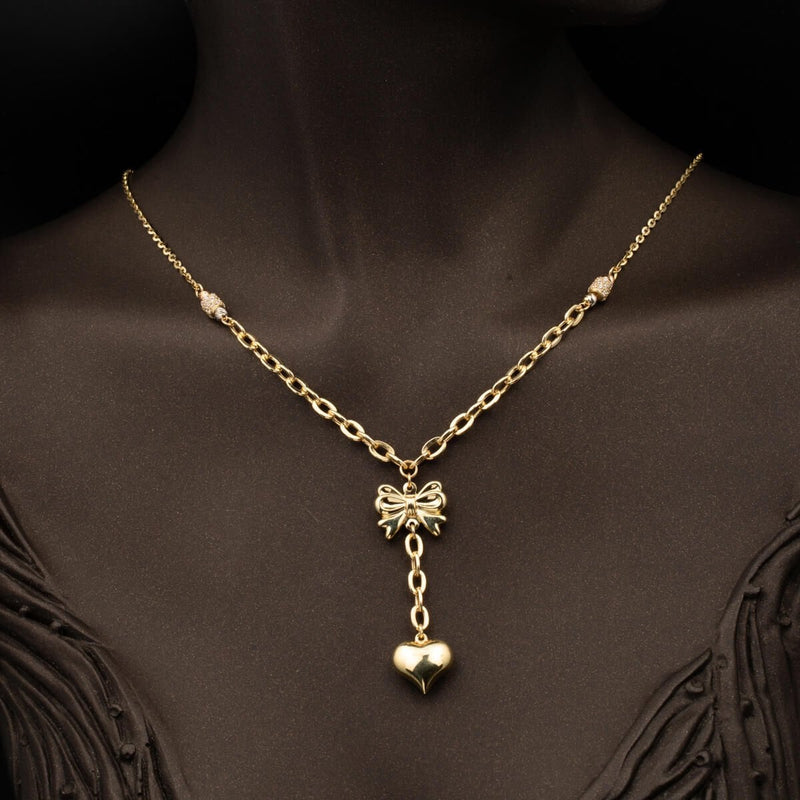 14K Yellow Gold Heart Dangle Designer Inspired Cubic Zirconia Necklace