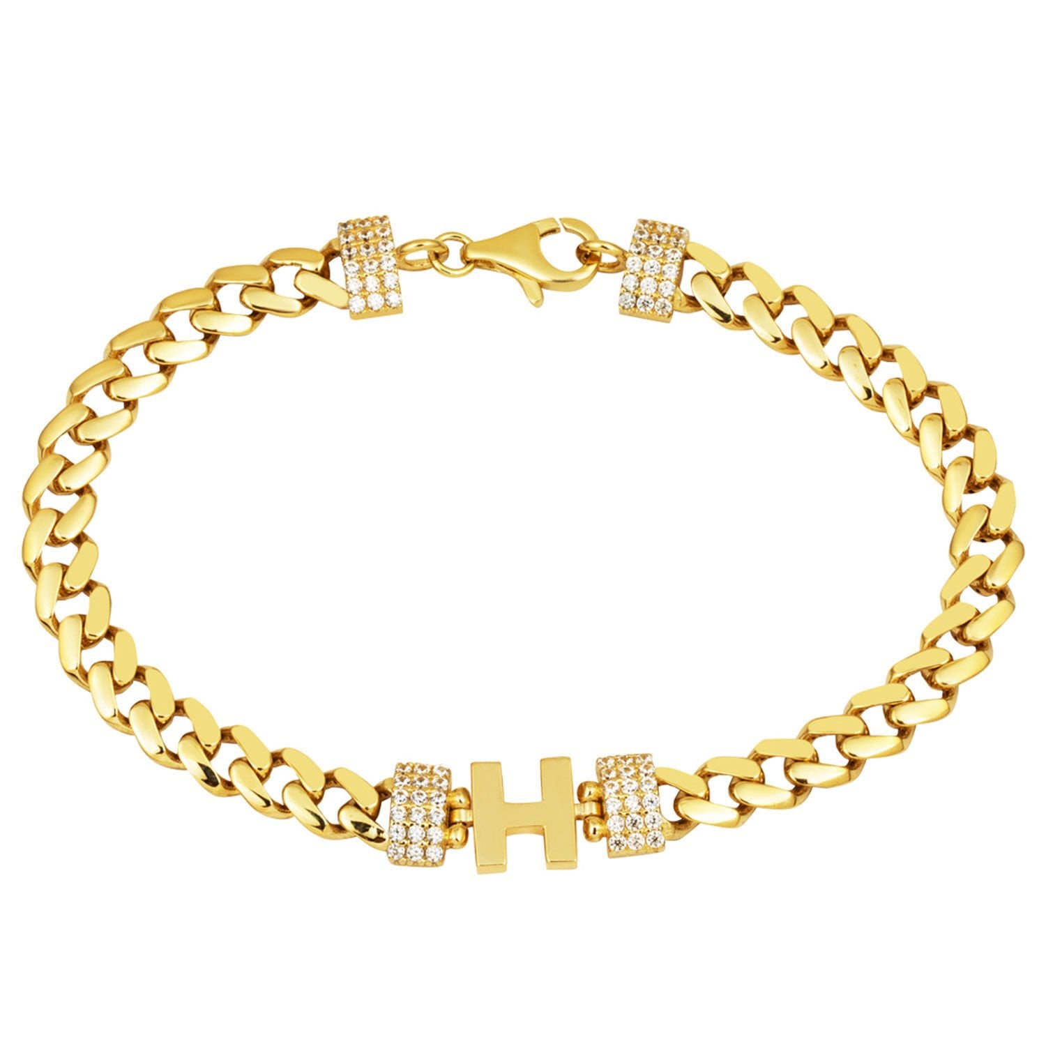 14K Yellow Gold Initial H Curb Cubic Zirconia Bracelet