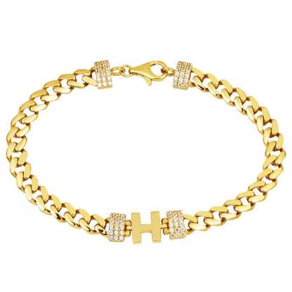 14K Yellow Gold Initial H Curb Cubic Zirconia Bracelet