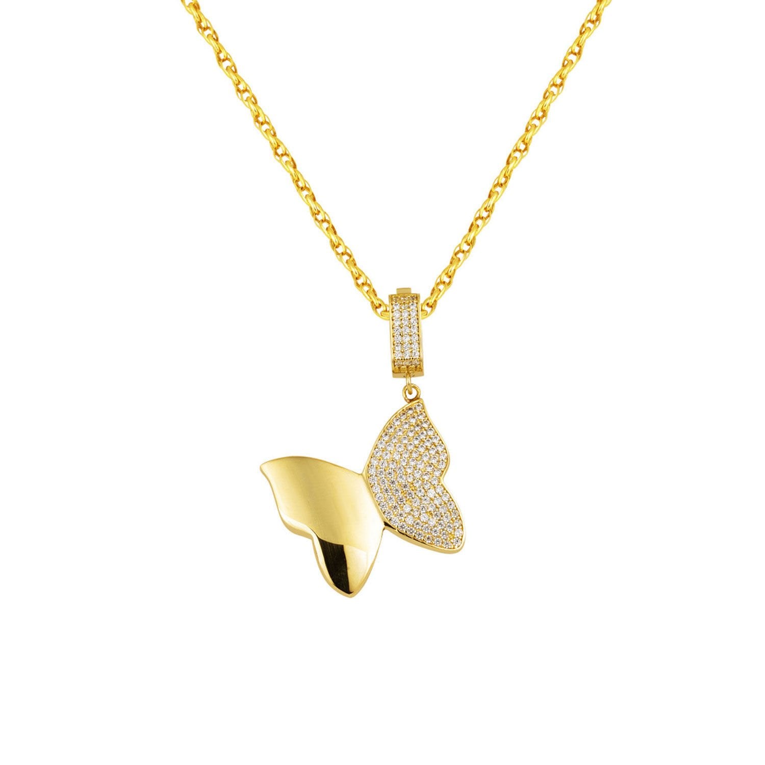 14K Yellow Gold Butterfly Braided Chain Cubic Zirconia Necklace