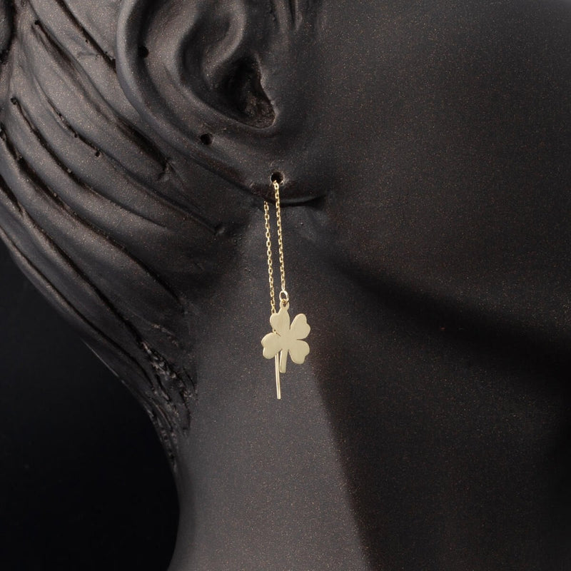 14K Yellow Gold Clover Dangle Chain Earrings