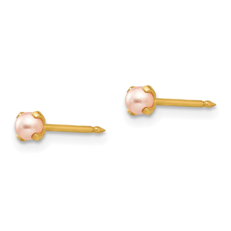 14k Yellow Gold Inverness 3mm Pink Simulated Pearl Post Earrings