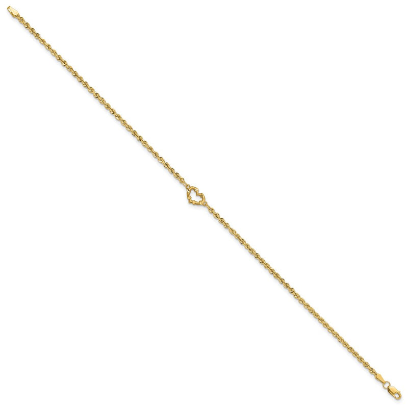 10K Yellow Gold Diamond-Cut Open Heart Rope 9Inch Anklet