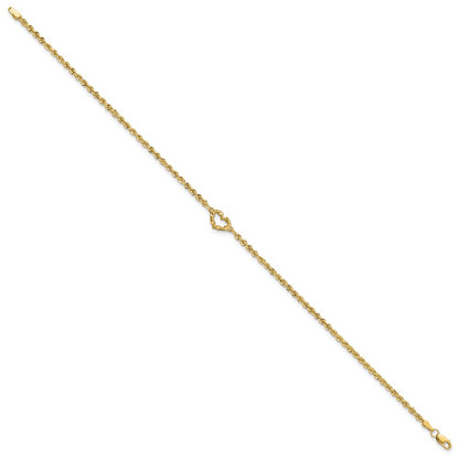 10K Yellow Gold Diamond-Cut Open Heart Rope Anklet
