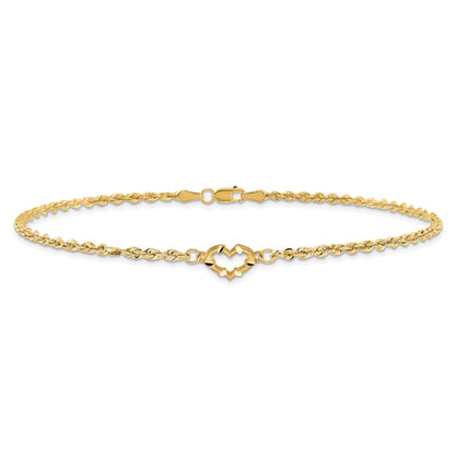 10K Yellow Gold Diamond-Cut Open Heart Rope Anklet