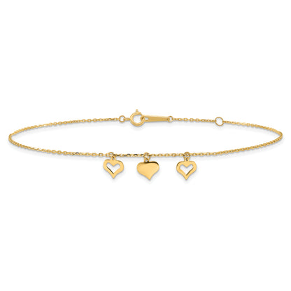 10K Yellow Gold 3 Hearts 9In Plus 1In Extension Anklet