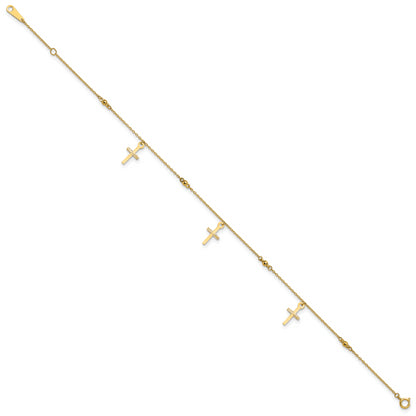 10K Yellow Gold Polished And Textured Cross 9In Plus 1In Ext. Anklet