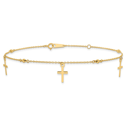 10K Yellow Gold Polished And Textured Cross 9In Plus 1In Ext. Anklet