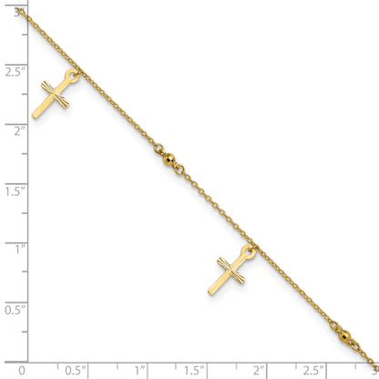 10K Yellow Gold Polished And Textured Cross 9In Plus 1In Ext. Anklet