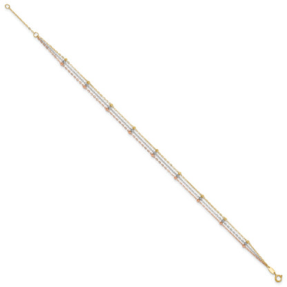 10K Tri Color Tri-Color 3-Strand Diamond-Cut Beaded 9In Plus 1In Ext Anklet