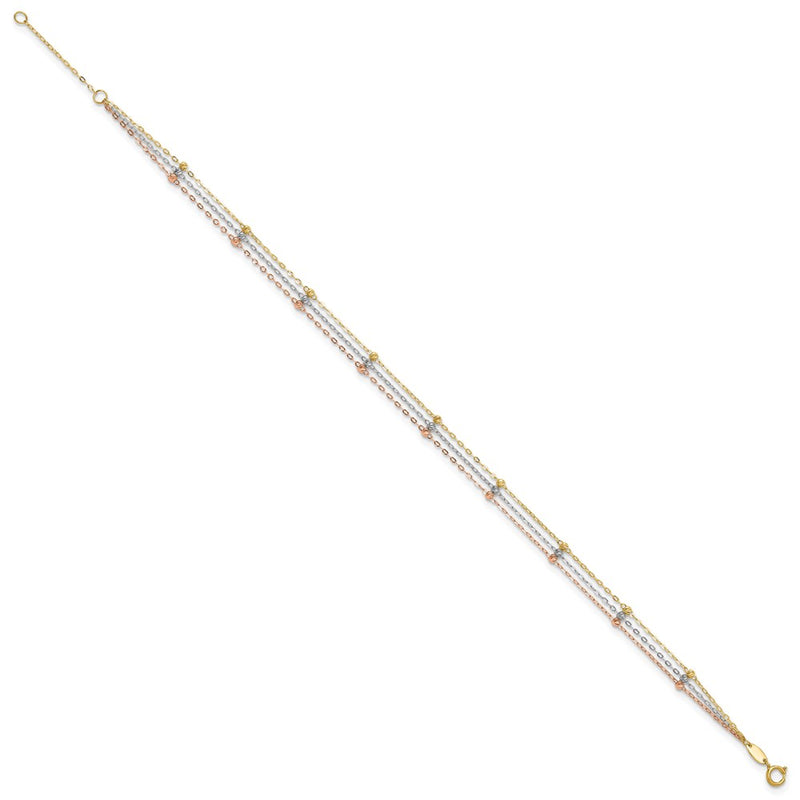 10K Tri Color Tri-Color 3-Strand Diamond-Cut Beaded Plus Ext Chain Anklet
