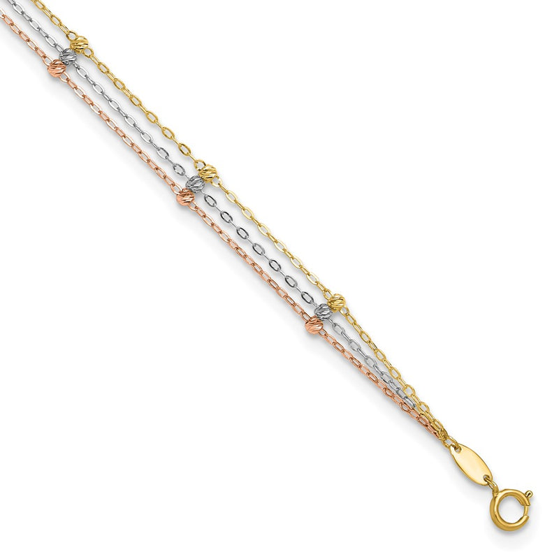 10K Tri Color Tri-Color 3-Strand Diamond-Cut Beaded Plus Ext Chain Anklet