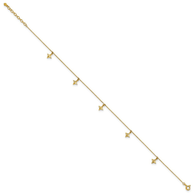 10K Yellow Gold Polished Diamond-Cut Stars 5-Station 9 Inch With 1 Extension Anklet