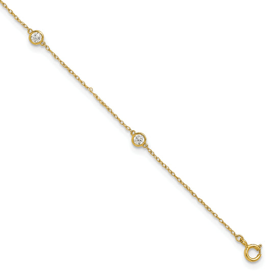 10K Yellow Gold Polished Bezel-Set Cz 5-Station 10 Inch Anklet