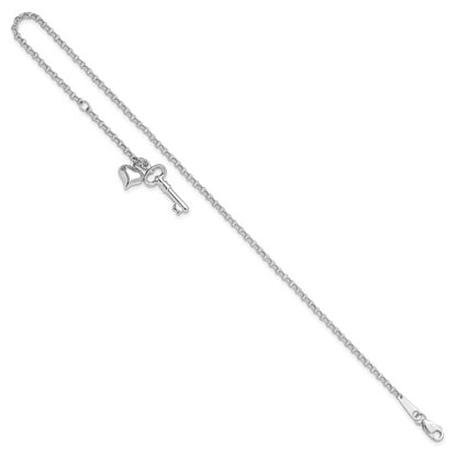 10K White Gold Adj Polished Puffed Heart Key 9In Plus 1In Ext. Anklet