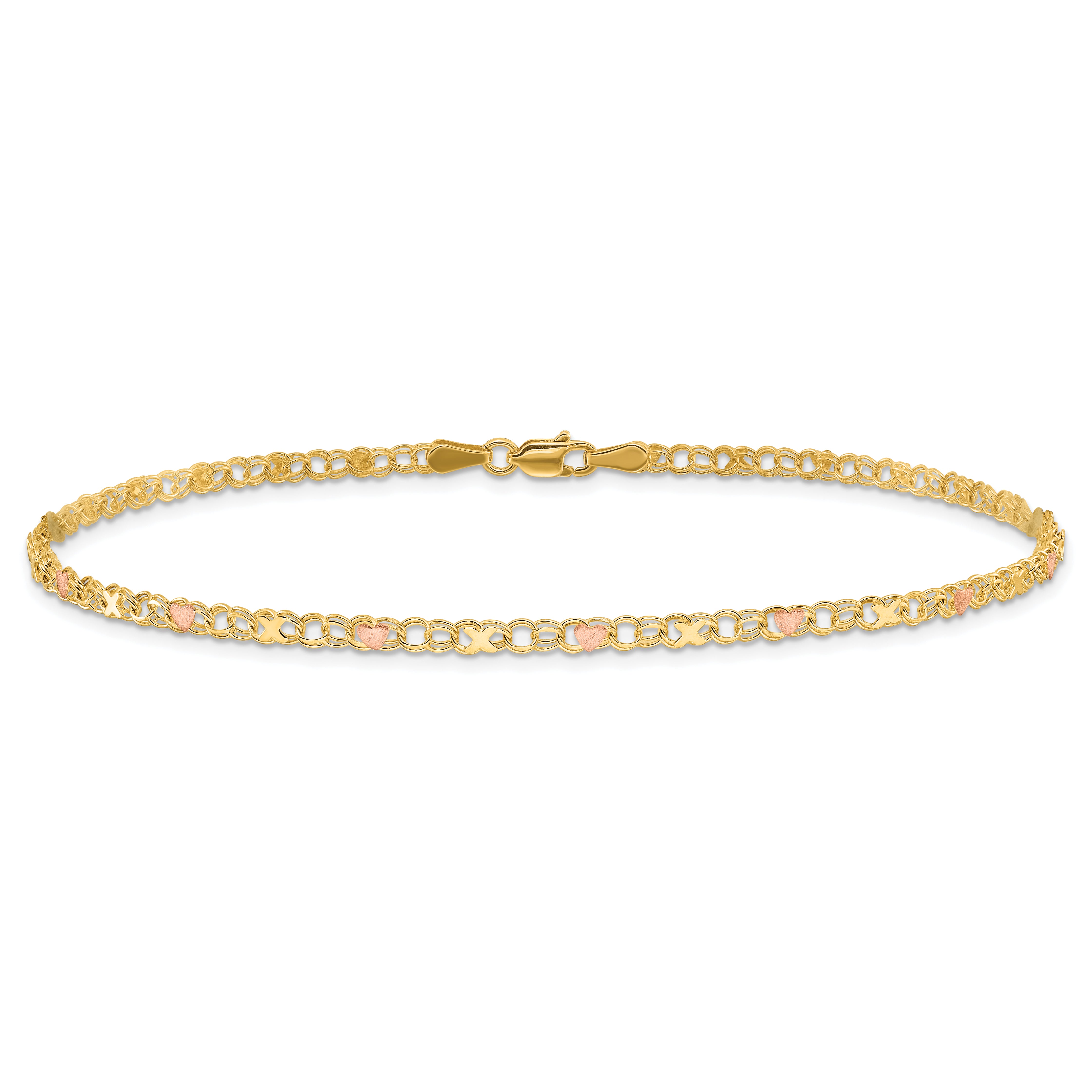 10K Two-Tone And Rose X'S Hearts 10In Anklet
