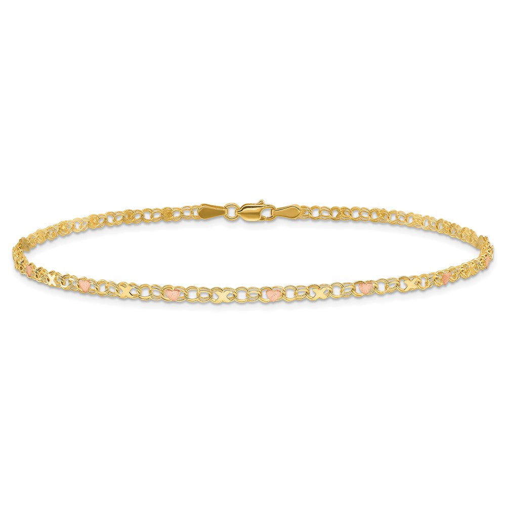 10K Two-Tone And Rose X'S Hearts 10In Anklet