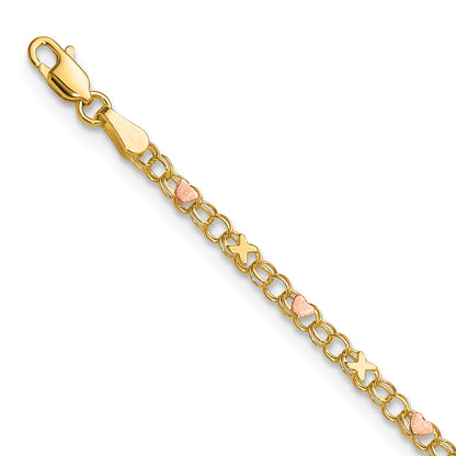10K Two-Tone And Rose X'S Hearts 10In Anklet