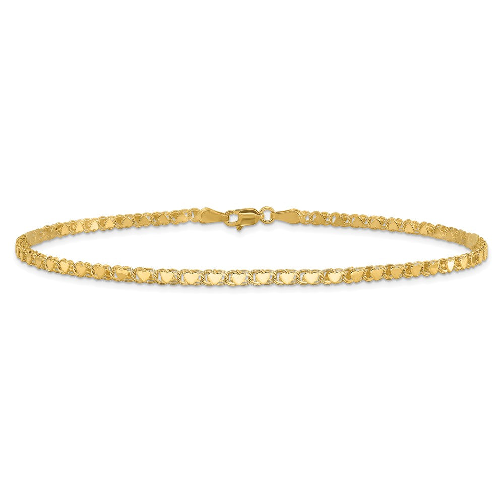 10K Yellow Gold Polished Double-Sided Heart 10In Anklet