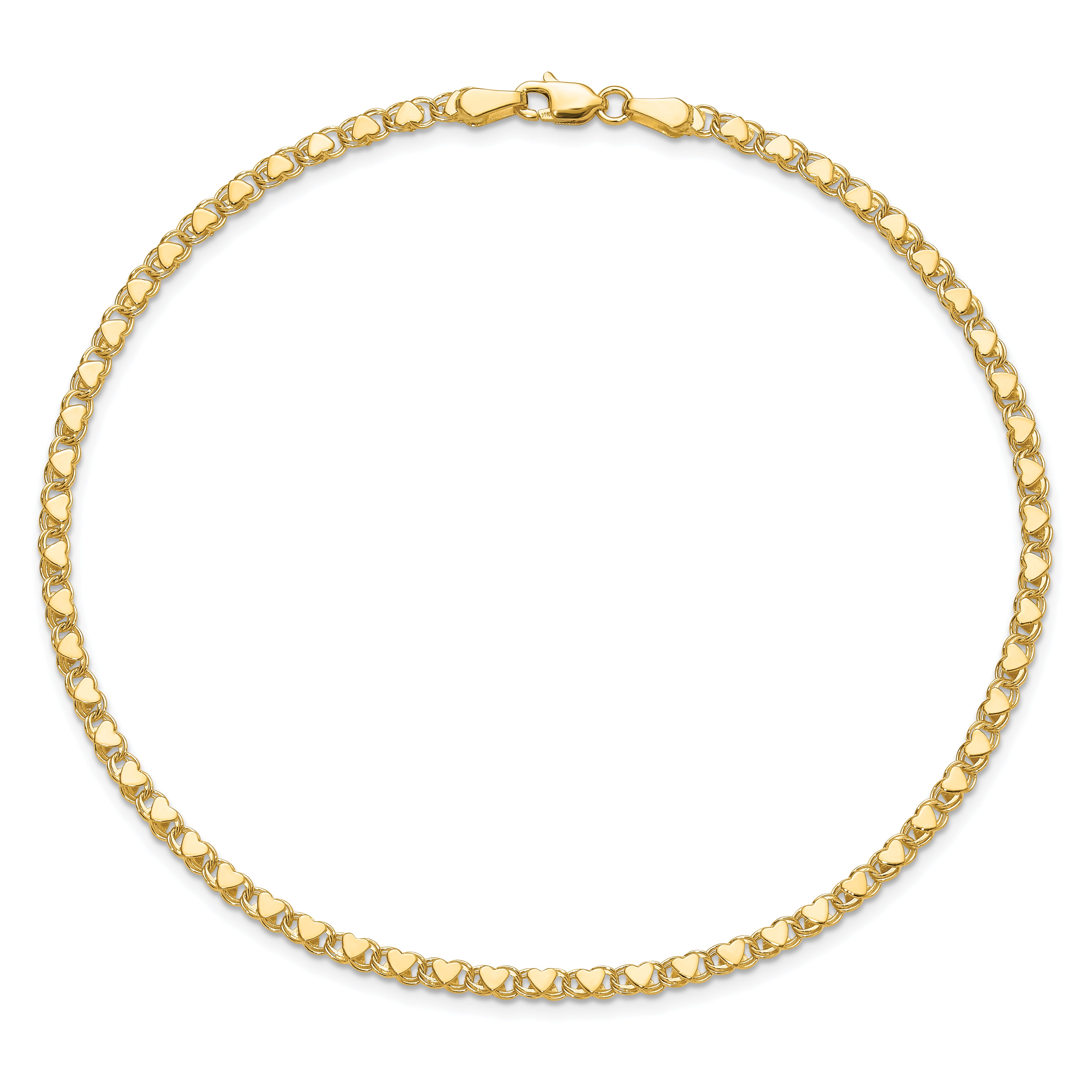 10K Yellow Gold Polished Double-Sided Heart 10In Anklet