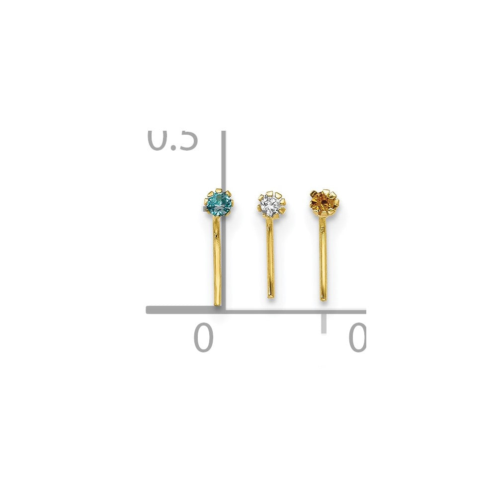 10K Yellow Gold 1.5mm Set Of 3 Cz Nose Studs