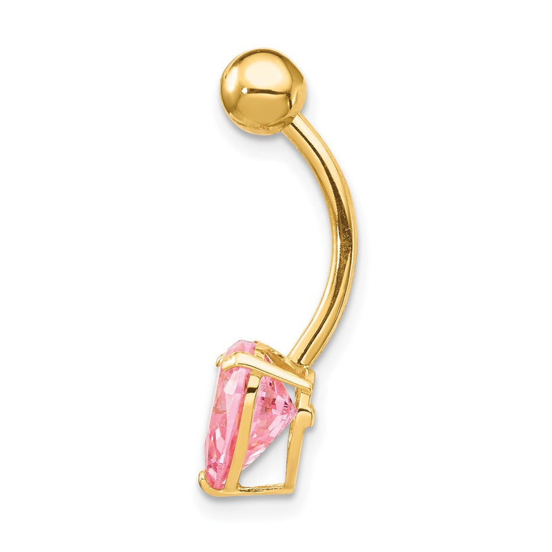 10k Yellow Gold W/8Mm Pink Cz Heart Belly Dangle