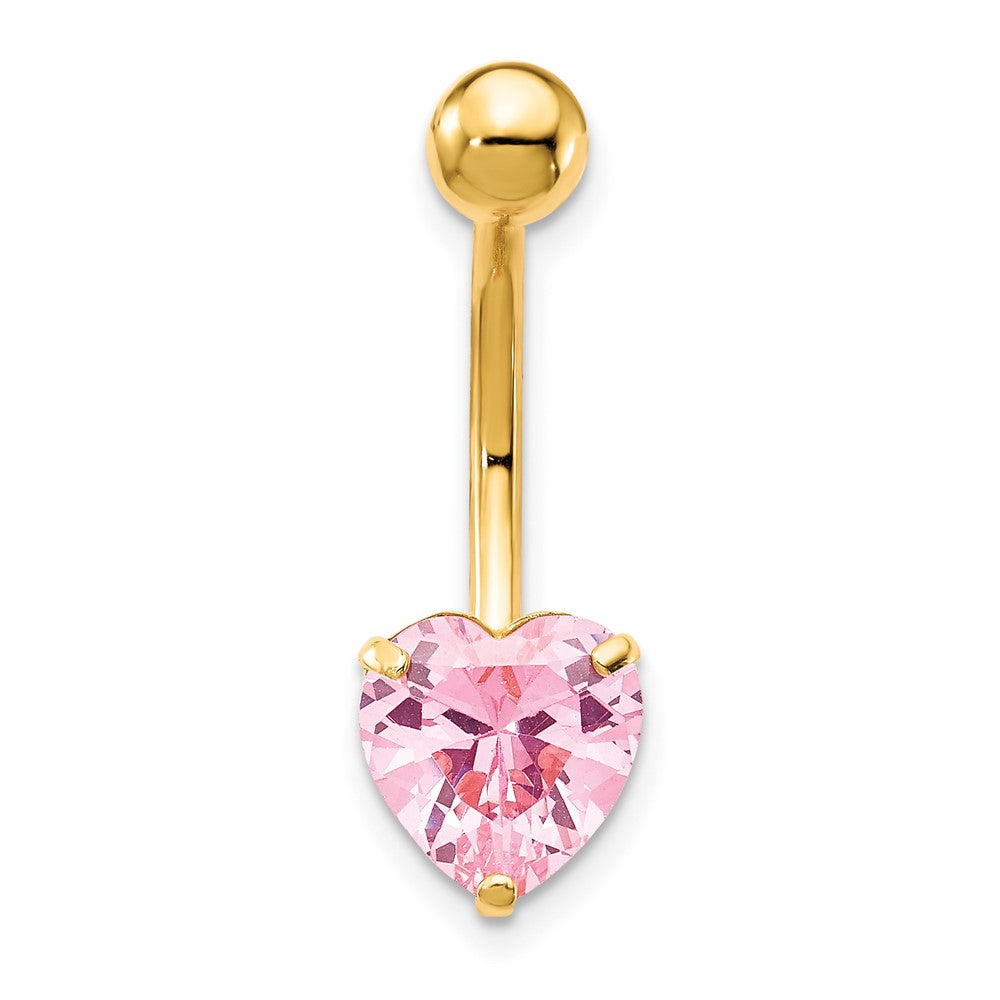 10k Yellow Gold W/8Mm Pink Cz Heart Belly Dangle