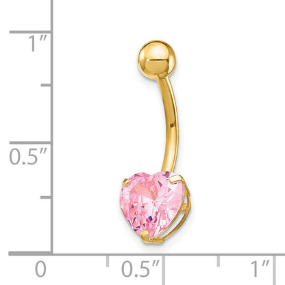 10k Yellow Gold W/8Mm Pink Cz Heart Belly Dangle