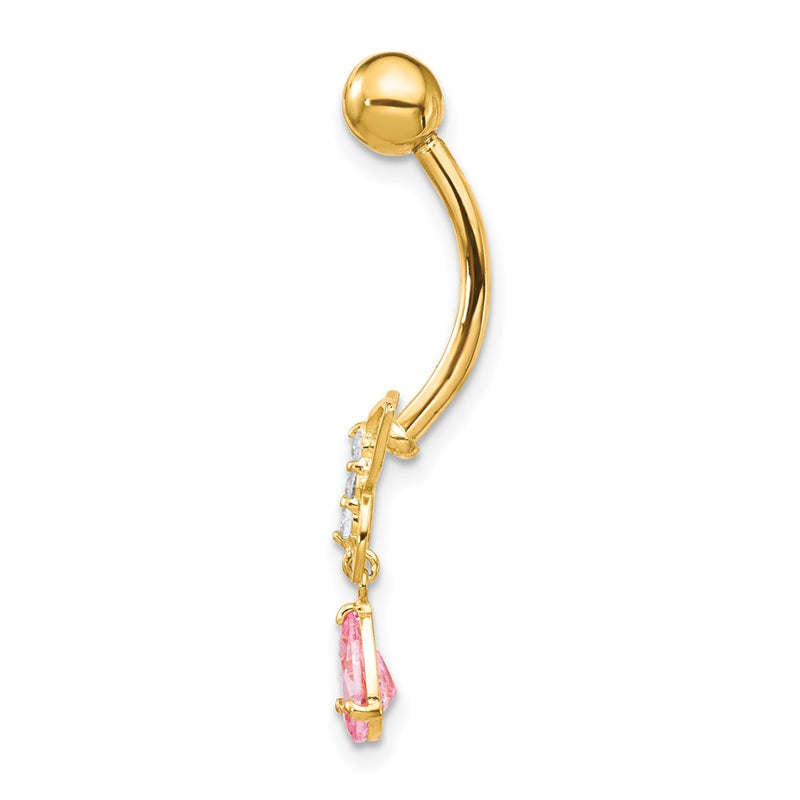 10k Yellow Gold W/Dangle Butterfly/Pink Cz Belly Dangle