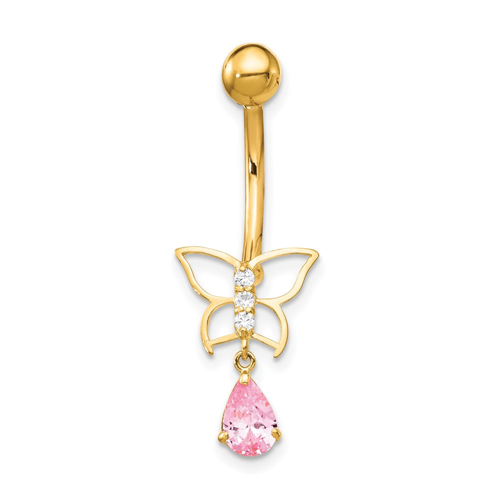 10k Yellow Gold W/Dangle Butterfly/Pink Cz Belly Dangle