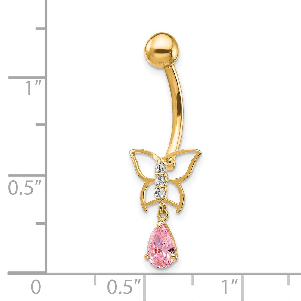 10k Yellow Gold W/Dangle Butterfly/Pink Cz Belly Dangle