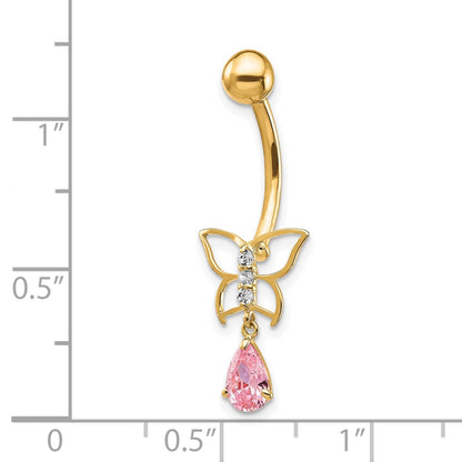 10k Yellow Gold W/Dangle Butterfly/Pink Cz Belly Dangle