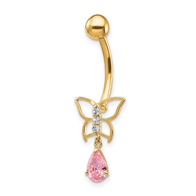10k Yellow Gold W/Dangle Butterfly/Pink Cz Belly Dangle