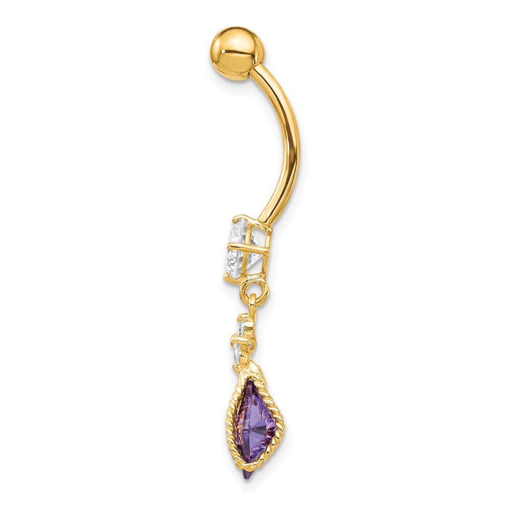 10K Yellow Gold Square Amethyst Cz Belly Dangle