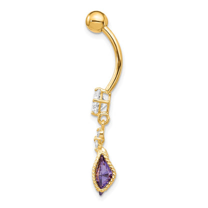 10K Yellow Gold Square Amethyst Cz Belly Dangle